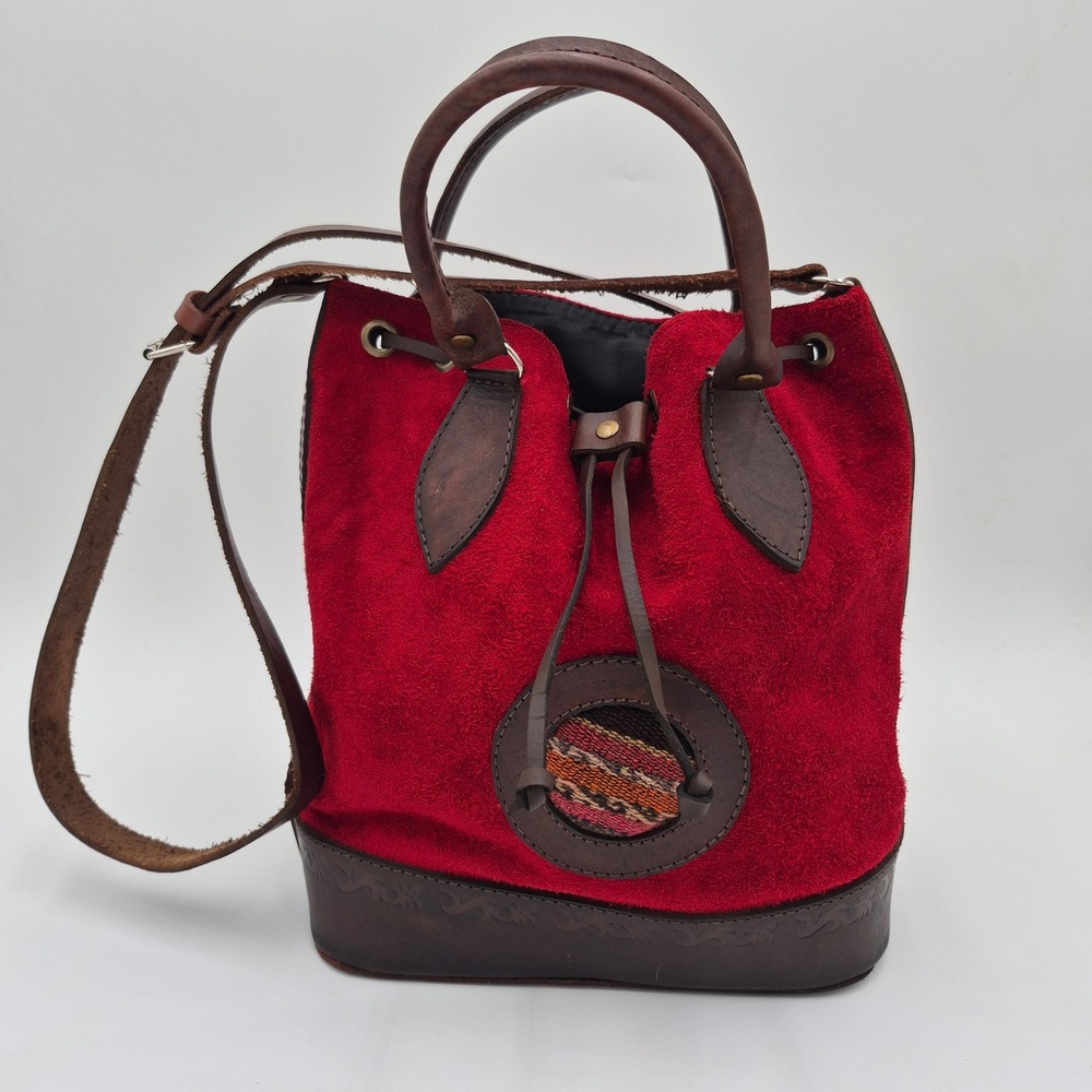 Handmade Bolivia Red Suede Leather Bucket Bag Woven Inlay Drawstring Tote
